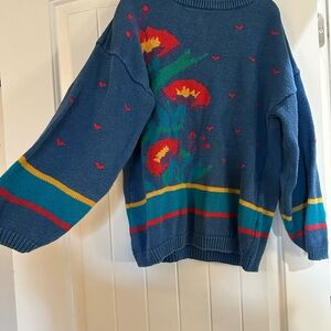 Vintage Floral Patterned Blue Sweater
